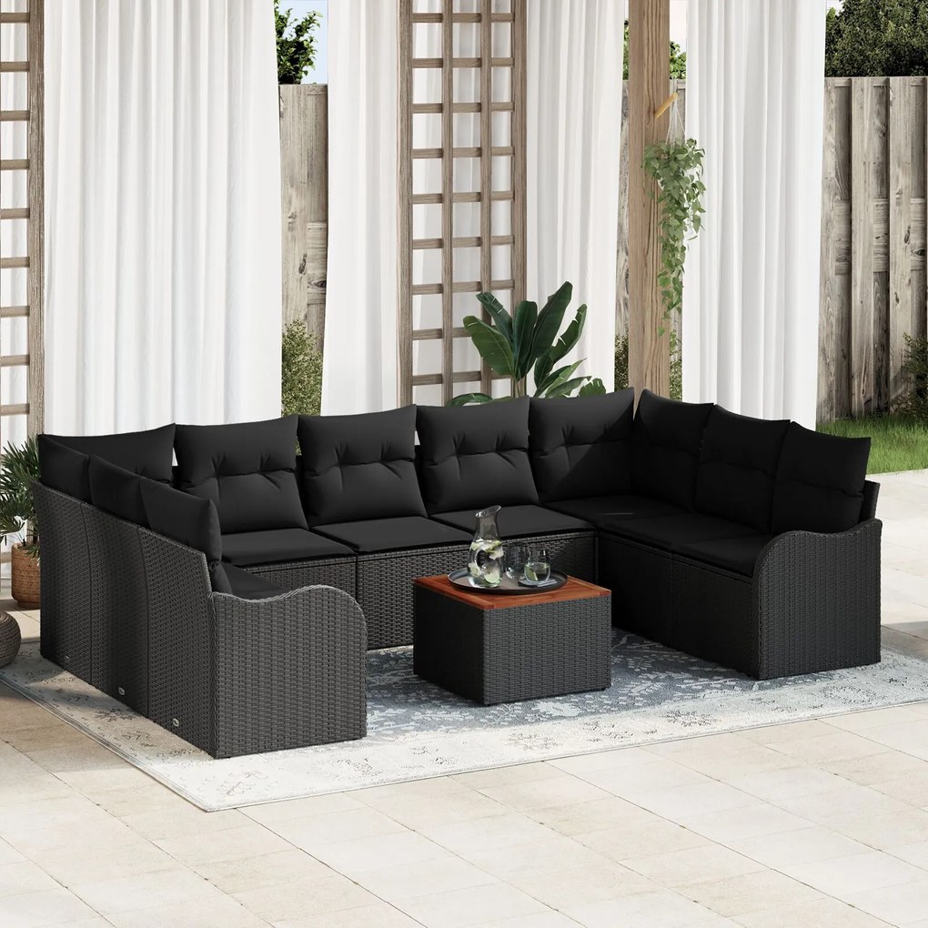 Set canapea grădină 10 piese cu perne Ratan polyester negru Acacia