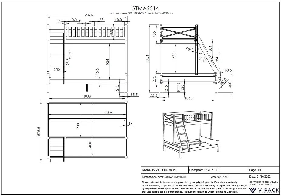 Pat supraetajat pentru familie SCOTT, alb, 140 x 200 cm + 90 x 200 cm, din pin scandinav și MDF, cu somiere incluse – Vipack