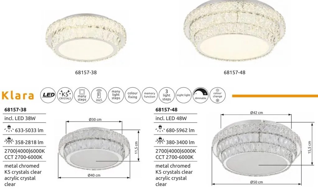 Lustra aplicata, Cristale K5, LED CCT, Telecomanda KLARA 40cm 68157-38 GL