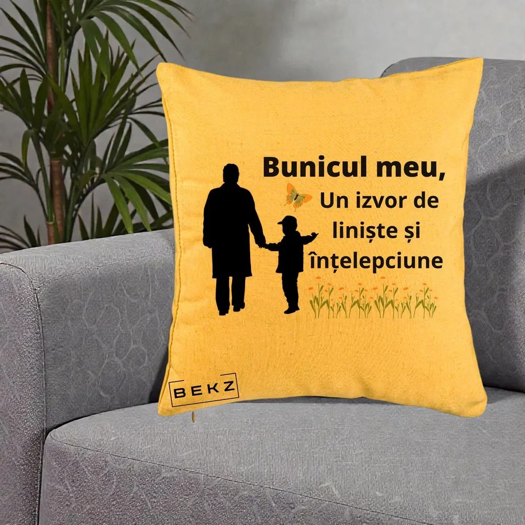 Cadou pentru Bunic - Perna Personalizata Bunicul Meu Izvor de Liniste cu Fluture si Baietel, 40x40 cm, Galben, Husa Detasabila, Perna Inclusa, BEKZ®