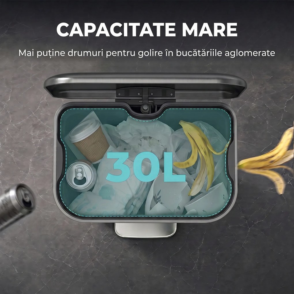 HOMCOM Coș de gunoi dreptunghiular cu pedală 30L, cu găleată interioară detașabilă, închidere silențioasă, mâner, gri închis | Aosom Romania