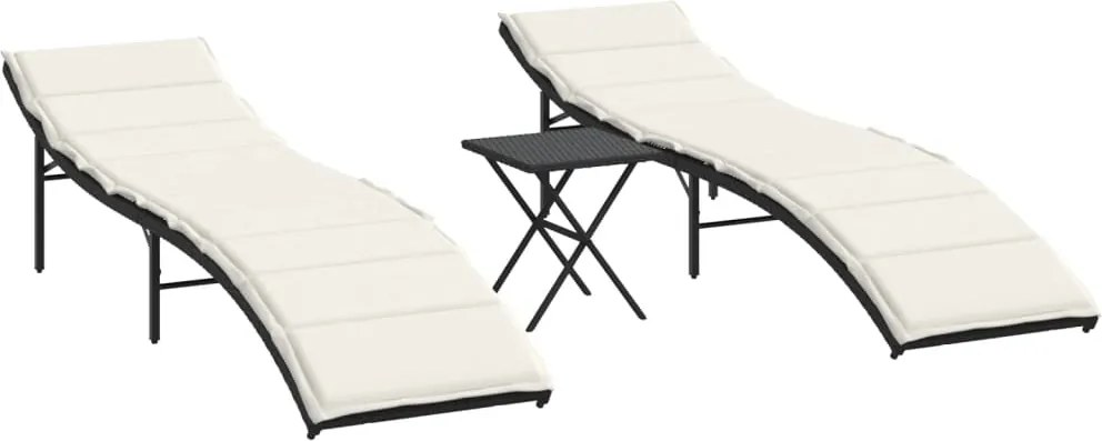 vidaXL Șezlonguri de plajă cu masă, 2 buc., negru, poliratan