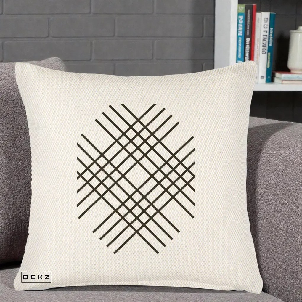 Perna Decorativa Geometric Grid, 40x40 cm, Crem Reliefat, Husa Detasabila, Perna Inclusa, BEKZ®