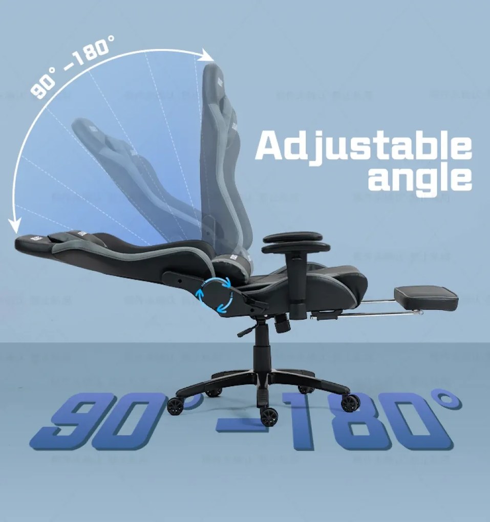 DOWINX Scaun gaming, ergonomic, suport lombar cu masaj, spătar rabatabil 90-180°, cotiere reglabile, suport pentru picioare, rezistent 150 kg, piele PU, Negru/Gri