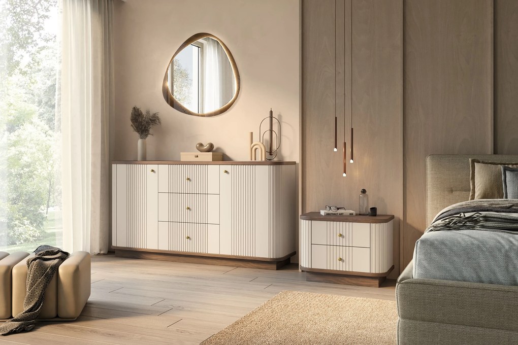 Comodă cu sertare pe soclu Vesper 160 cm - kashmir / nuc / mânere aurii