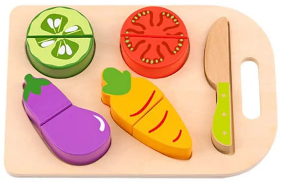 Puzzle 3D din lemn masiv NOVOKIDS™ Wooden Vegetable Cutter, 10 piese, Cu legume taiate, Materiale Eco, Multicolor