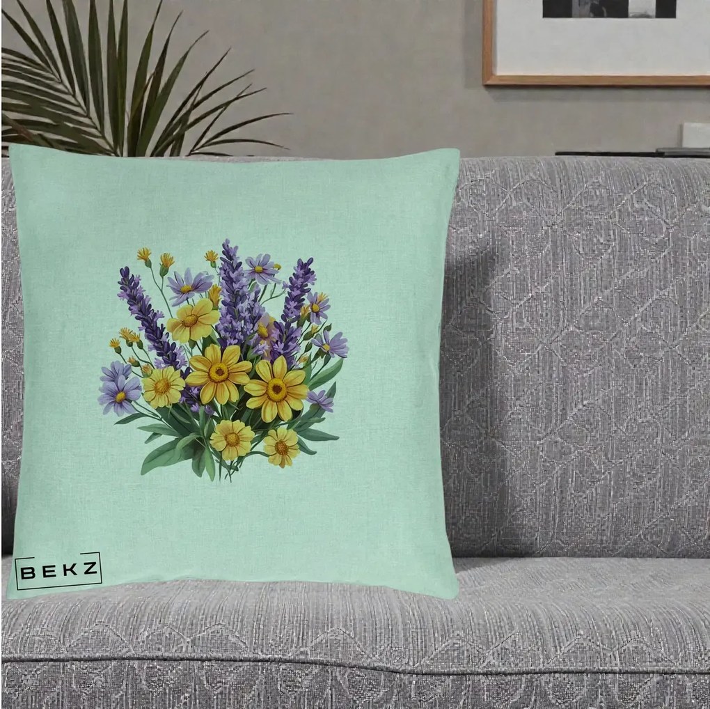 Perna Decorativa Lavanda cu Margarete Galbene si Lila, 40x40 cm, Verde Menta, Husa Detasabila, Perna Inclusa, BEKZ®