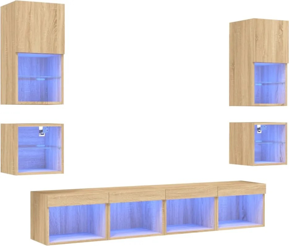 vidaXL Unități de perete TV cu LED-uri, 8 piese, stejar sonoma, lemn