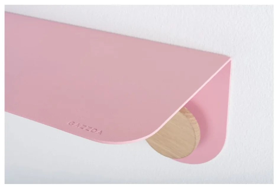Raft de perete din oțel și detalii din lemn de stejar, cu 2 cârlige Gazzda Hook, lungime 70 cm, roz
