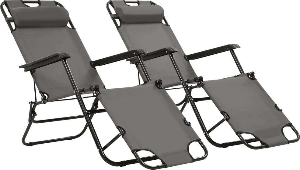 vidaXL Șezlonguri plajă pliabile suport picioare 2 buc. gri oțel