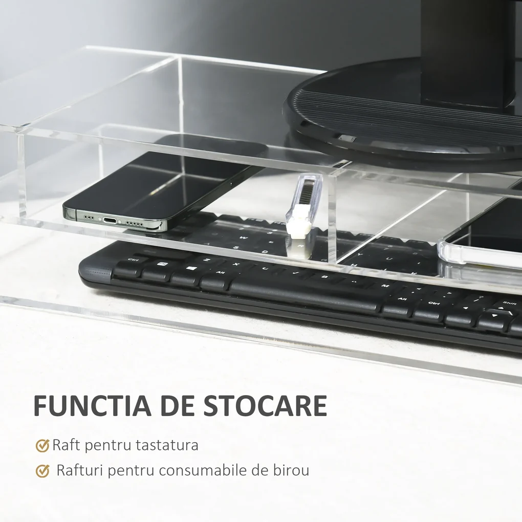 HOMCOM Suport Monitor Acrilic cu Spațiu pentru Tastatură, Organizator Birou Multifuncțional, Transparent, 50.8x19x12 cm | Aosom Romania