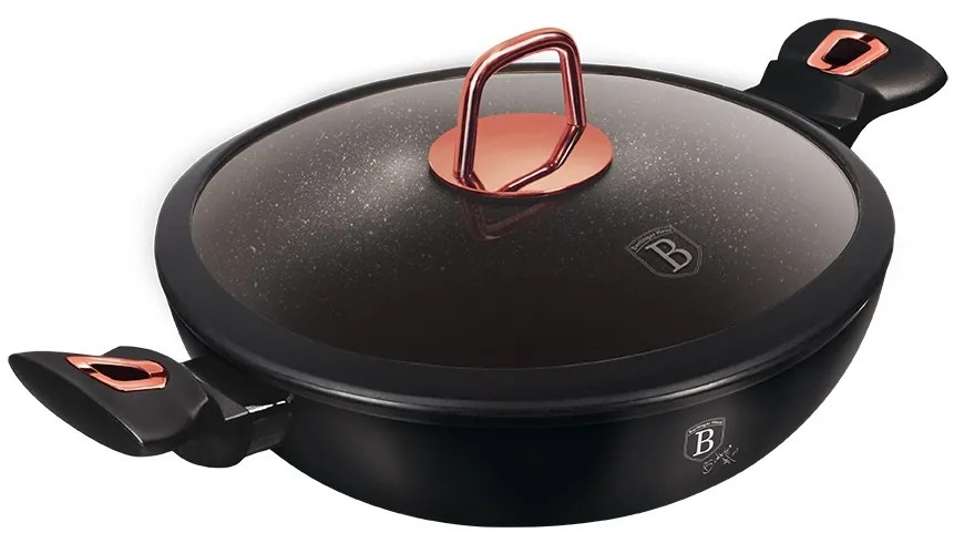 Cratiță marmorată cu capac 30 cm, 4.8 L Berlinger Haus Black Rose Collection BH 7112, neagră, strat titan, compatibilă cu toate plitele
