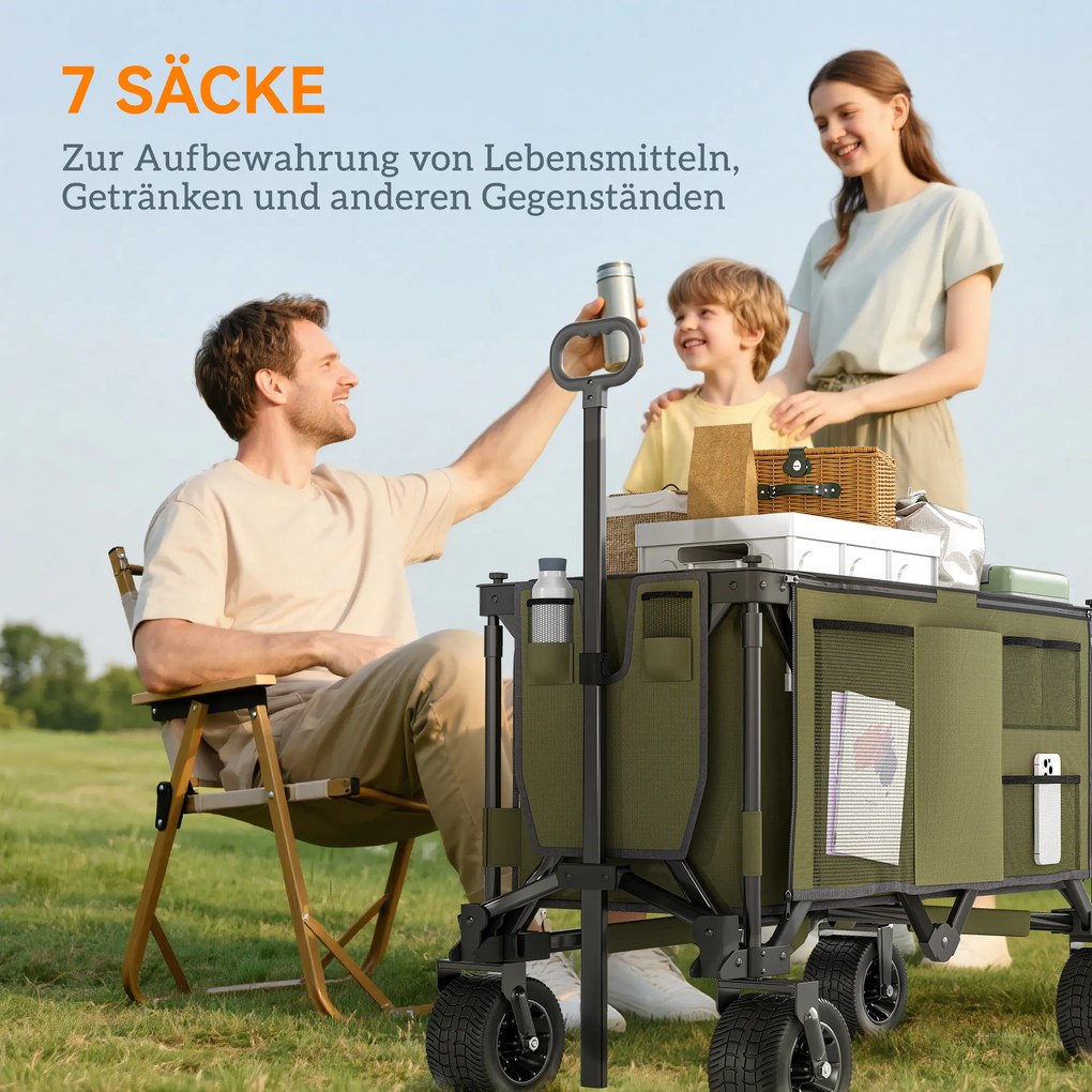 Cărucior Outsunny, pliabil, 7 buzunare laterale, mâner reglabil, capacitate de până la 120 kg, oțel, verde, 100 x 48 x 100,5 cm | Aosom Romania