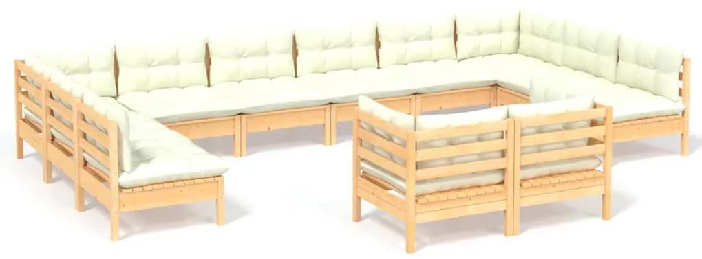 Set mobilier gradina cu perne crem, 12 piese, lemn masiv de pin maro si crem, 1