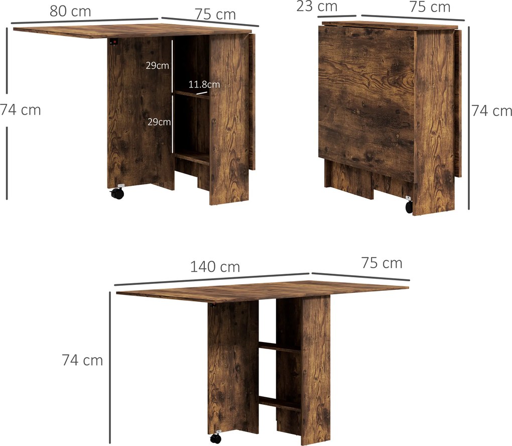 HOMCOM Masa Pliabila de Luat Masa, Masa cu Blaturi pentru Spatii Mici, cu Rafturi cu 2 Niveluri, Masa de Bucatarie Mica cu Rotile de Rulare | Aosom Romania