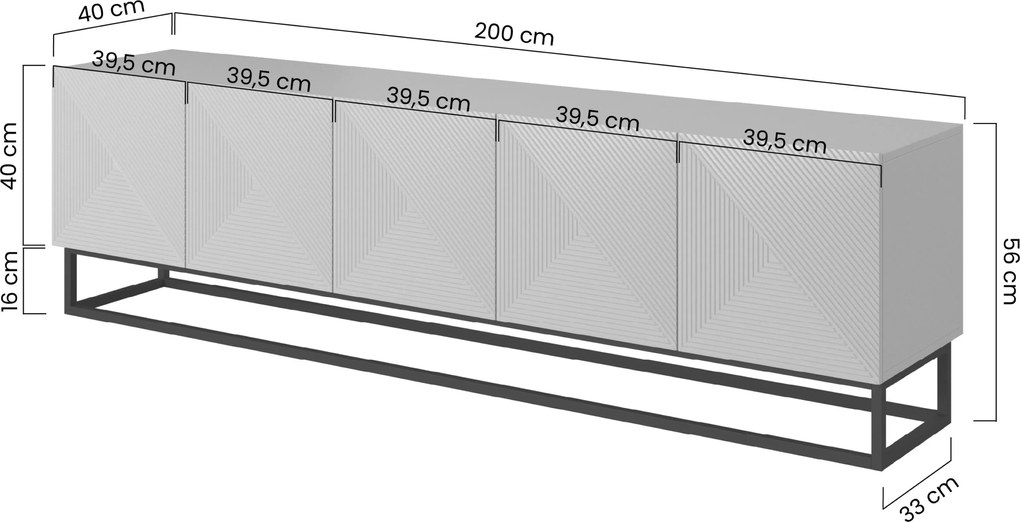 Comodă TV cu fronturi striate Asha 200 cm cu cadru metalic - negru mat