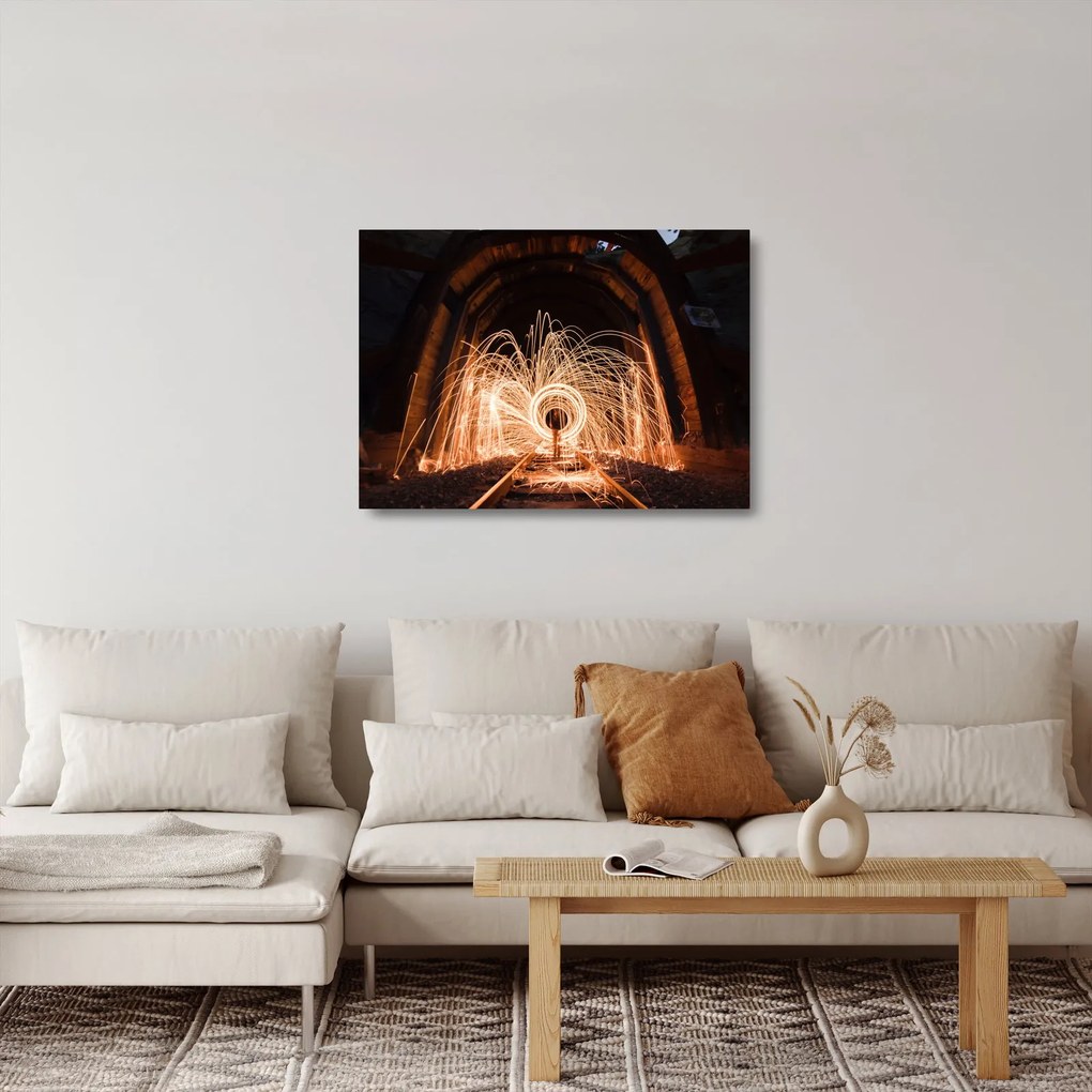 Tablou pe sticlă - Show de lumini deasupra șinelor (70x50 cm)