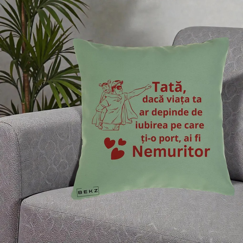 Cadou pentru Tata - Perna Personalizata Tata Nemuritor cu Fetita, 40x40 cm, Verde, Husa Detasabila, Perna Inclusa, BEKZ®