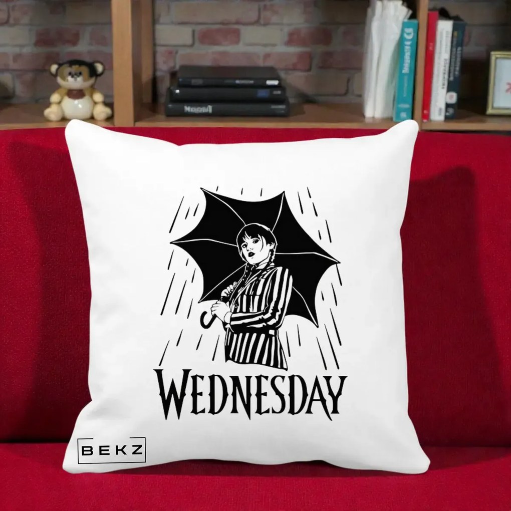 Perna Personalizata Wednesday cu Umbrela Ploaie Lineart, 40x40 cm, Alba Mata, Husa Detasabila, Perna Inclusa, BEKZ®