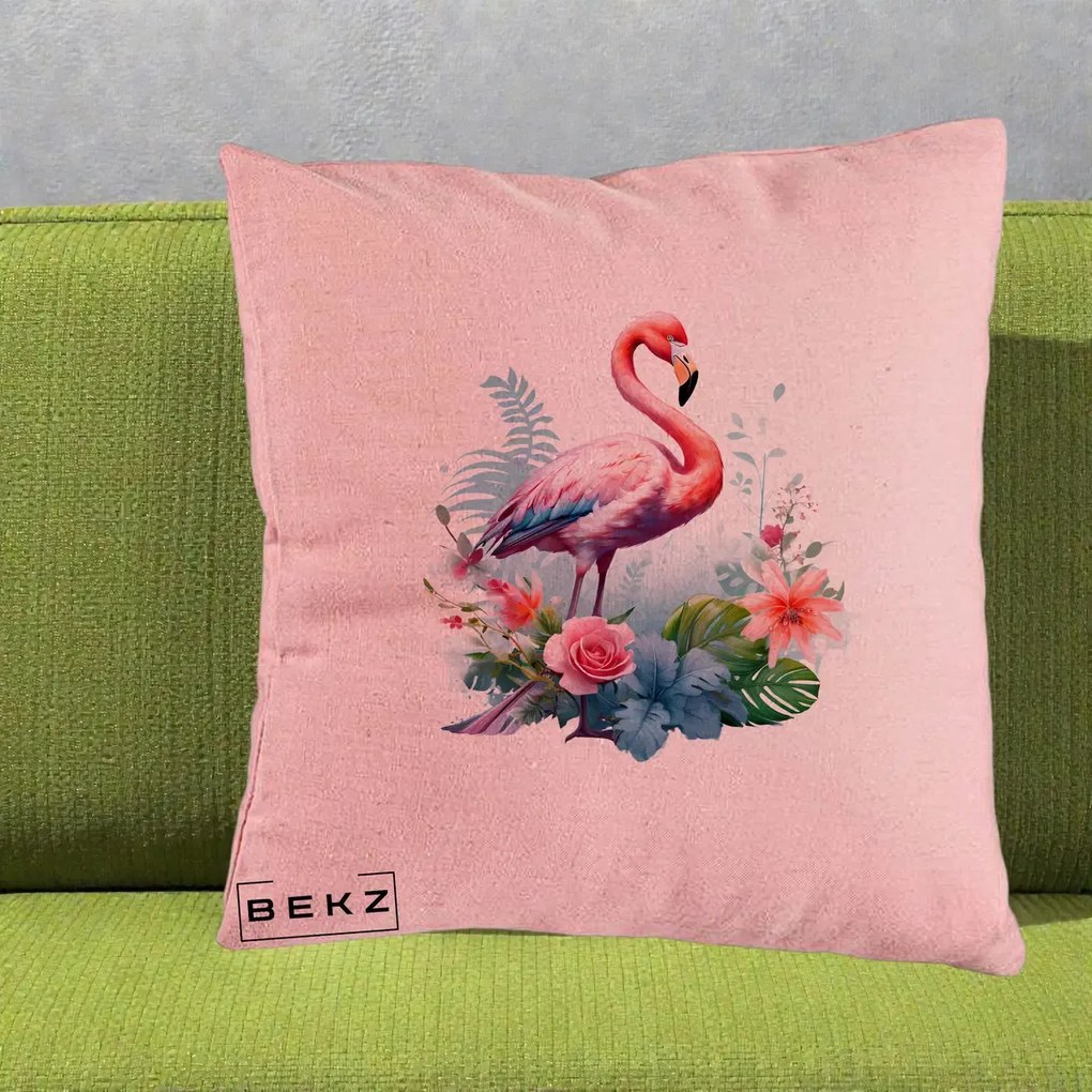Perna Decorativa Flamingo cu Flori Tropicale Acuarela, 40x40 cm, Roz, Husa Detasabila, Perna Inclusa, BEKZ®