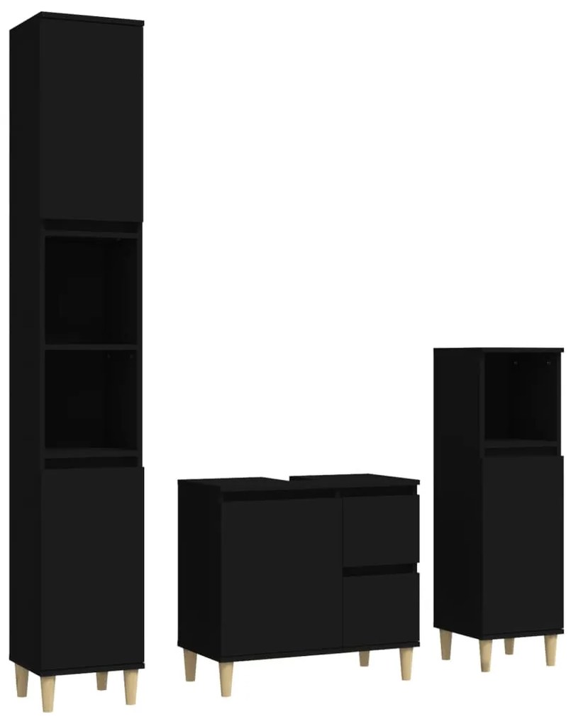 3185536 vidaXL Set dulapuri de baie, 3 piese, negru, lemn prelucrat