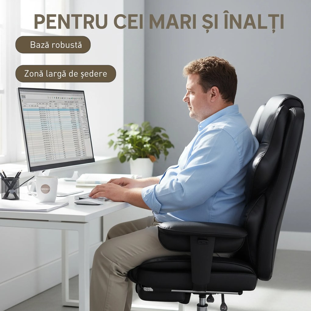 HOMCOM Scaun de birou cu suport pentru picioare și tetieră, din piele PU, spumă și metal, 76x73x117-125 cm, negru | Aosom Romania
