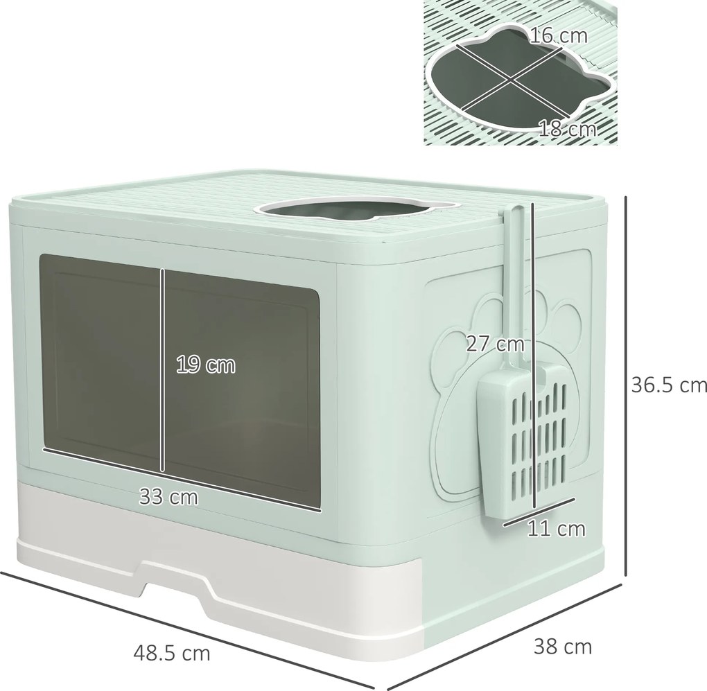 PawHut Litieră de nisip pentru pisici cu Capac, Intrare Dublă, Sertar, Lopățică, Verde | Aosom Romania