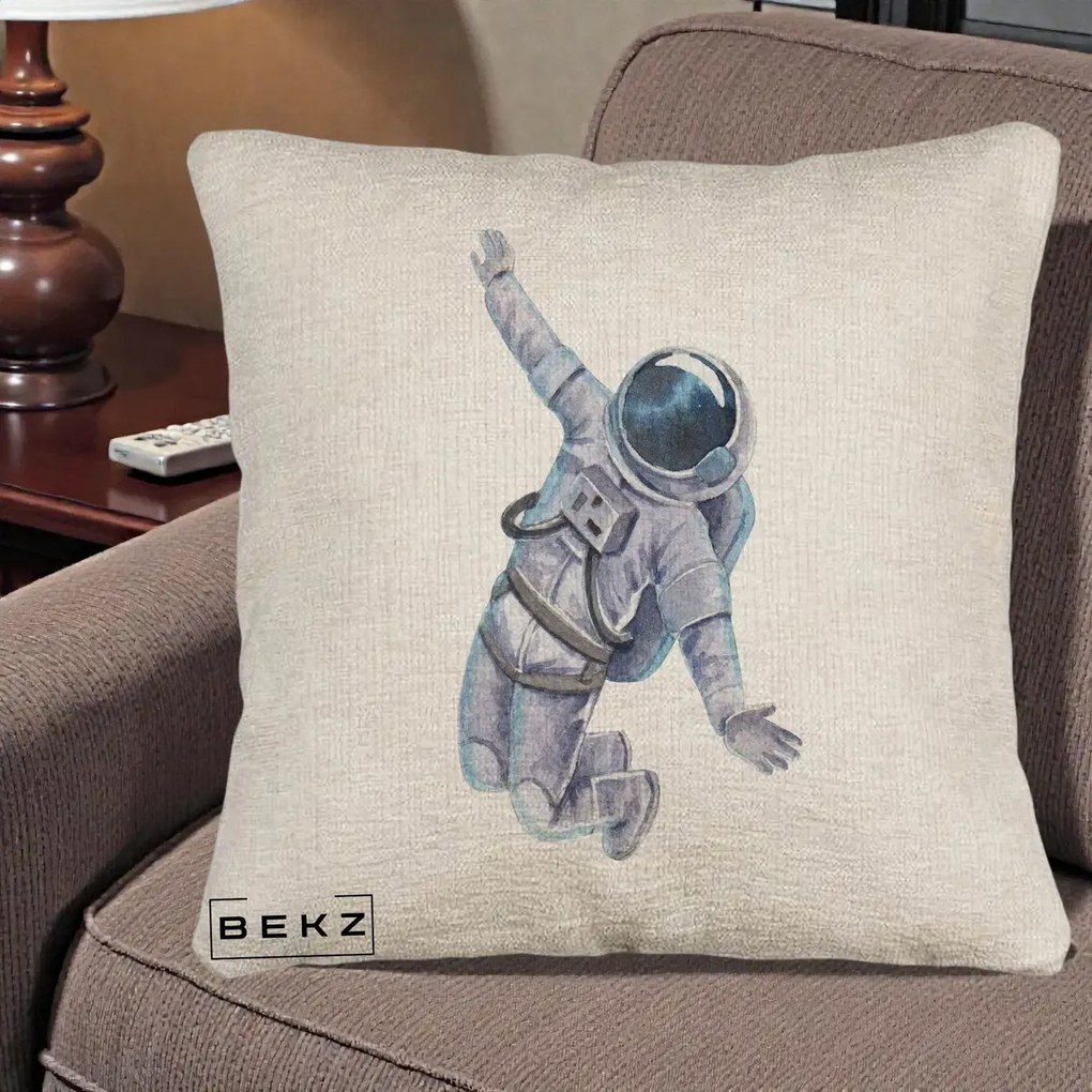 Perna Decorativa Astronaut Acuarela Zbor, 40x40 cm, Bej Canapea, Husa Detasabila, Perna Inclusa, BEKZ®