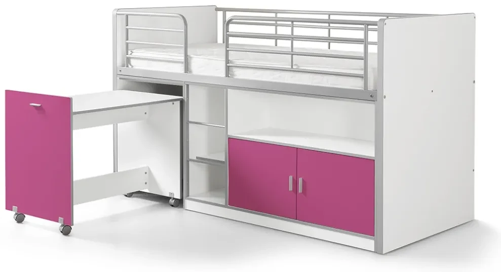 Pat Supraetajat cu Birou Extensibil și Spații de Depozitare, Fuchsia (Metal și PAL) – Bonny – Vipack