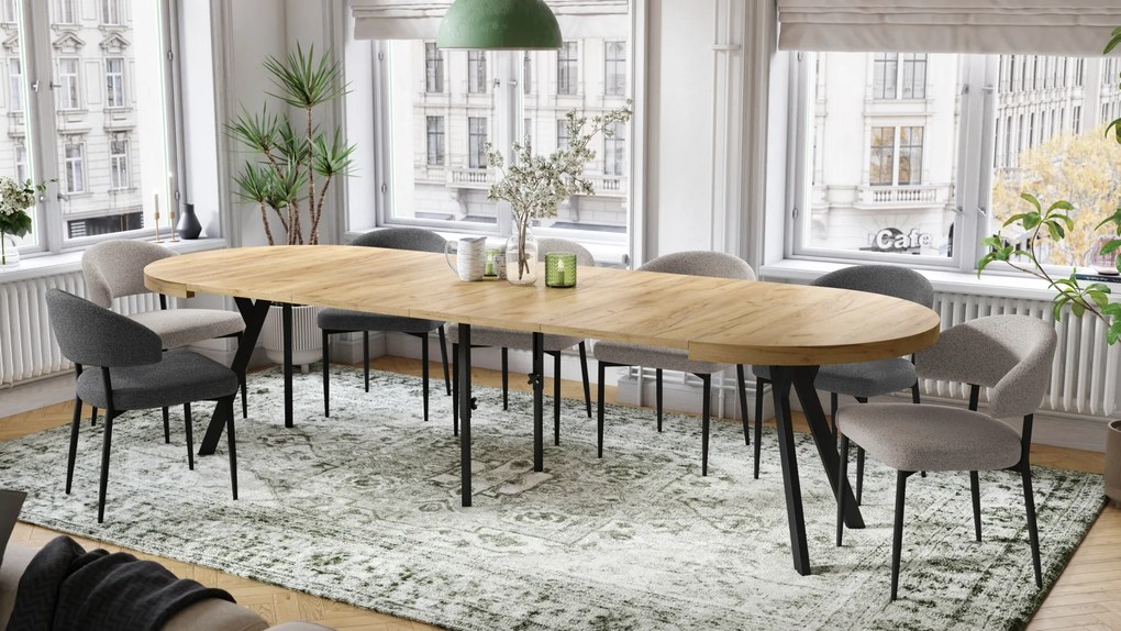 Mazzoni EXPANSO Stejar Craft Auriu/picioare negre - MASĂ MARE ROTUNDĂ Ø110 EXTENSIBILĂ PÂNĂ LA 310 cm CU PICIOARE Y LOFT/INDUSTRIALĂ