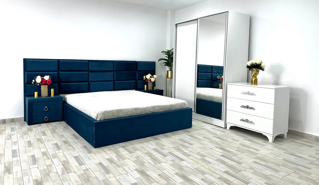 Dormitor complet Roma, culoare albastru / alb, cu pat Roma 160 x 200 cm, dressing Erika, 2 noptiere Roma si comoda Viena