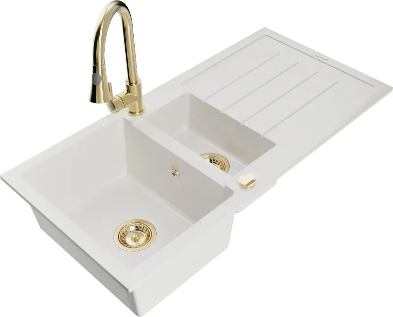 Mexen Andres chiuvetă de granit 1,5-camere cu scurgător și baterie de bucătărie Elia, alb - 6515-20-670101-50