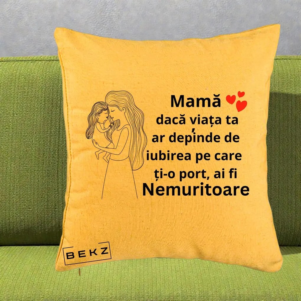 Cadou pentru Mama - Perna Personalizata Mama Nemuritoare cu Copilul in Poala, 40x40 cm, Galben, Husa Detasabila, Perna Inclusa, BEKZ®