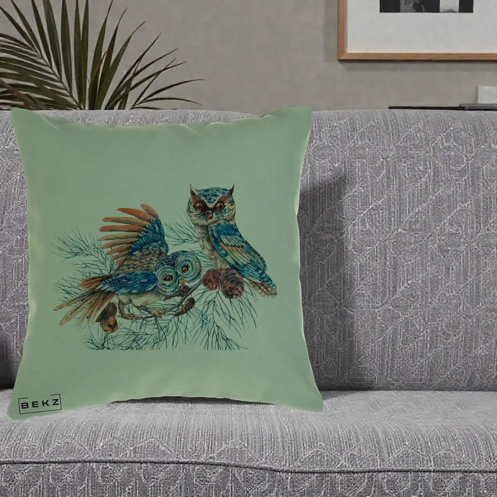 Perna Decorativa Bufnite de Iarna Albastre, 40x40 cm, Verde, Husa Detasabila, Perna Inclusa, BEKZ®