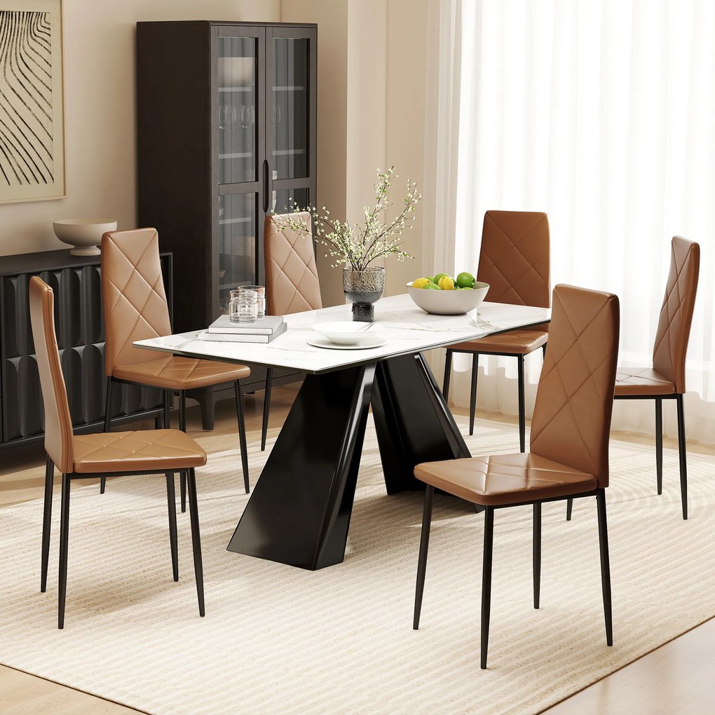 HOMCOM Set de 6 Scaune de Dining Moderne cu Spătar Înalt, din Piele Ecologică și Oțel, 41x50x97 cm, Maro | Aosom Romania