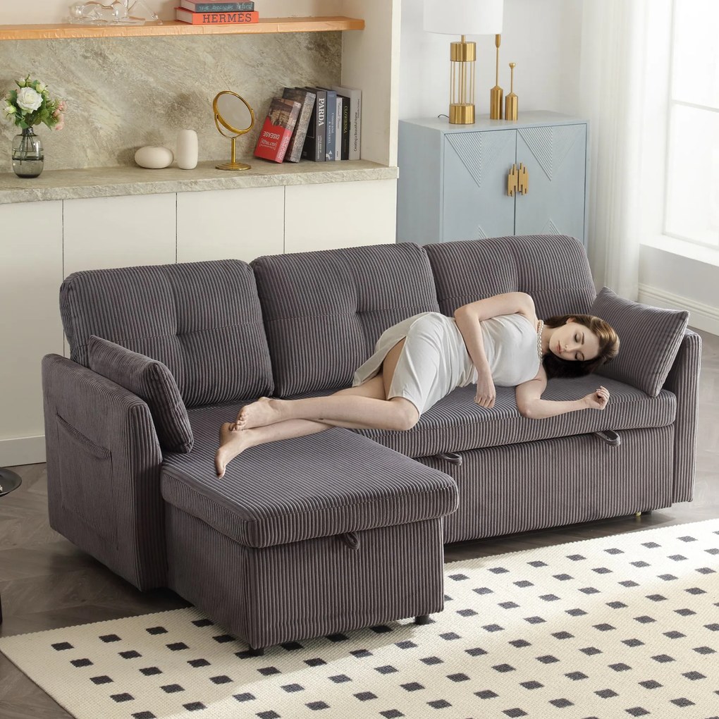 Canapea modulară în formă de L din catifea, canapea extensibilă rabatabilă convertibilă, cu spații de depozitare în scaune, Gri Închis