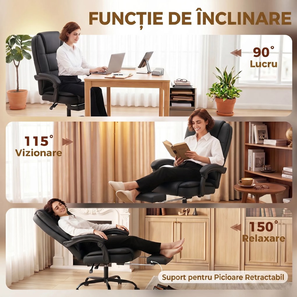 HOMCOM Scaun Birou Ergonomic Reclinabil Rotativ din Piele PU cu Suport pentru Picioare, Înălțime Reglabilă, Negru | Aosom Romania