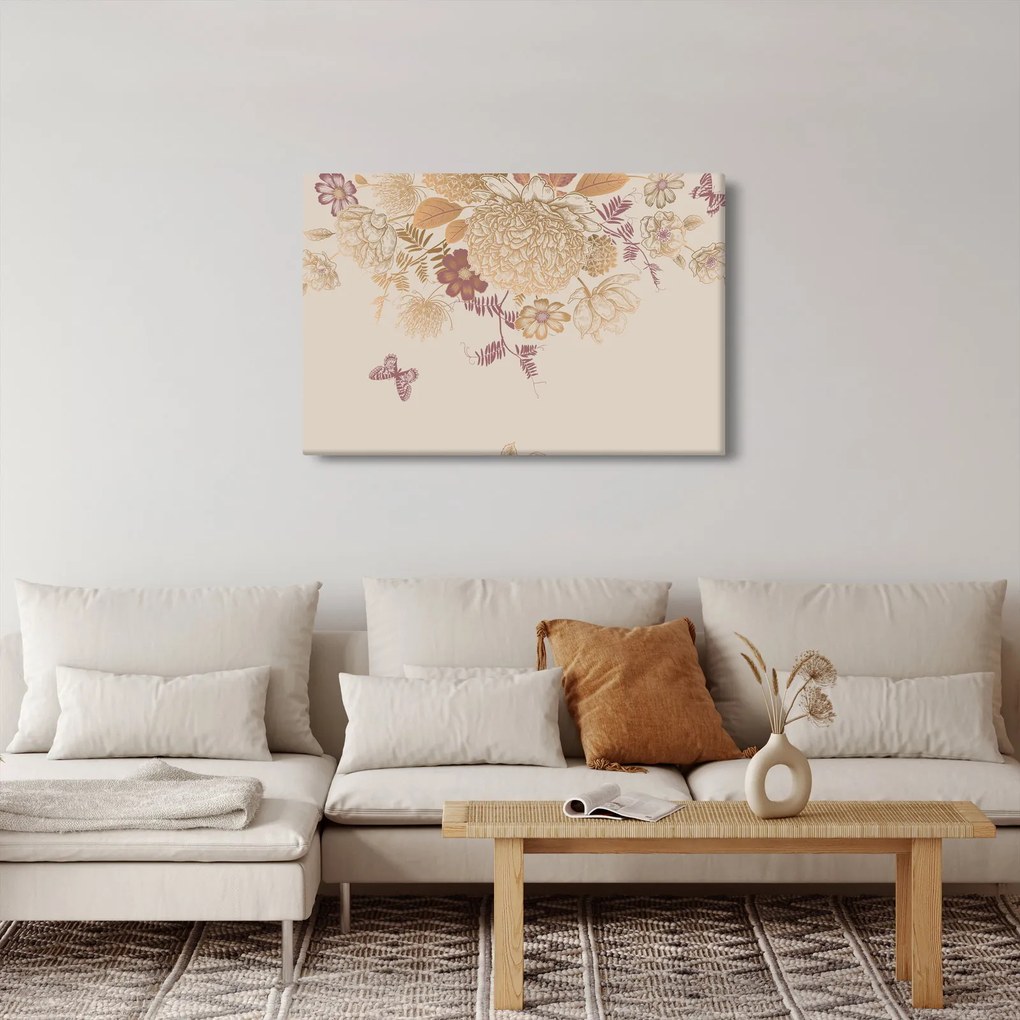 Tablou - Vintage, flori și fluturi (90x60 cm)