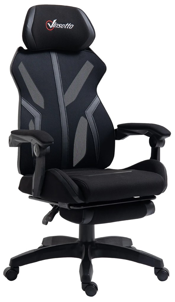 Vinsetto Scaun Gaming cu Suport pentru Picior Retractabil Scaun de Birou Rotativ Reclinabil cu Suport pentru Cap și Înălțime Ajustabilă 65x65x119-129 cm Negru | Aosom Romania