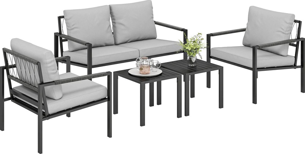 Outsunny Set mobilier grădină 4 persoane rezistent la intemperii set mobilier balcon cu canapea 2 locuri, fotoliu, perne, măsuță Gri deschis | Aosom Romania