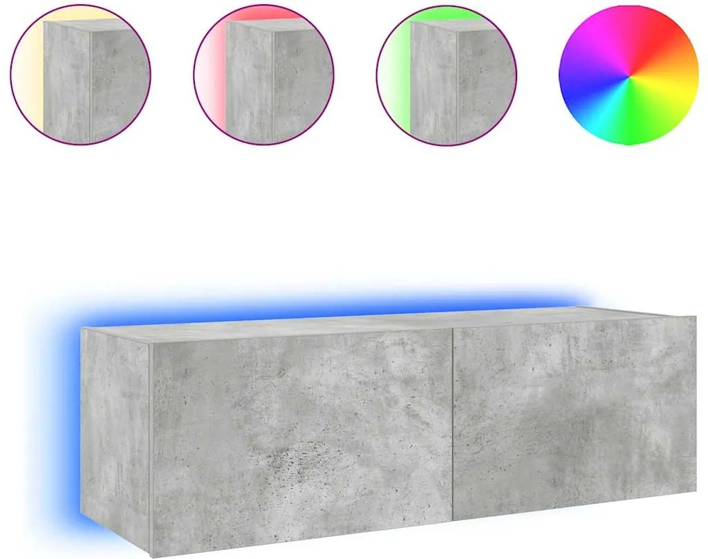 vidaXL Comodă TV de perete cu lumini LED, gri beton, 100x35x31 cm