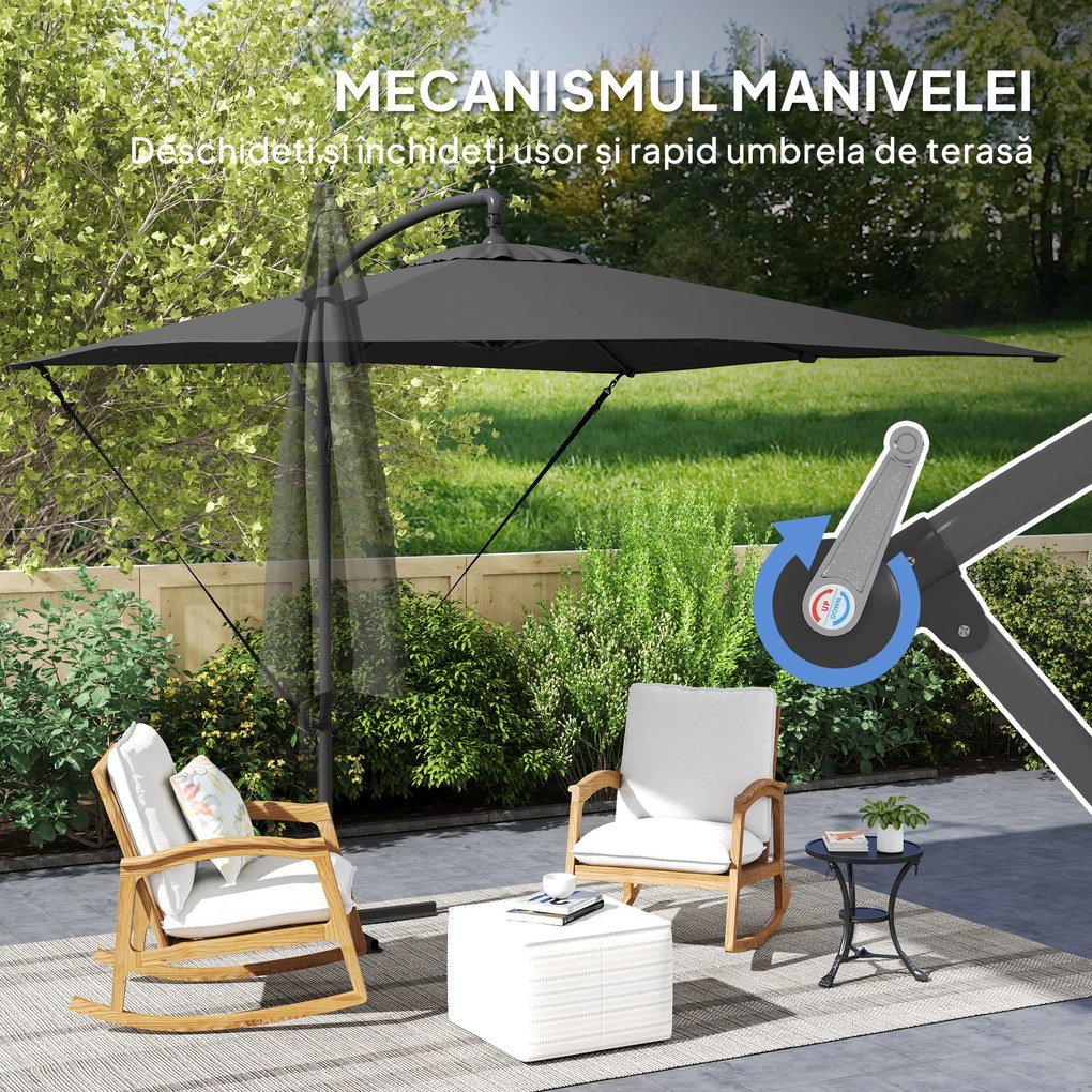 Outsunny Umbrelă de Grădină Suspendată 2.47x2.47 m, Umbrelă de Exterior cu Bază în Cruce, Corzi Antivânt, Gri Închis | Aosom Romania