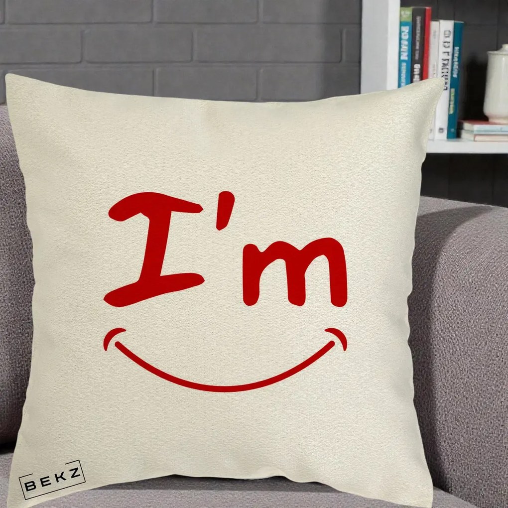 Perna Decorativa I'm Happy Smile, 40x40 cm, Ecru, Husa Detasabila, Perna Inclusa, BEKZ®