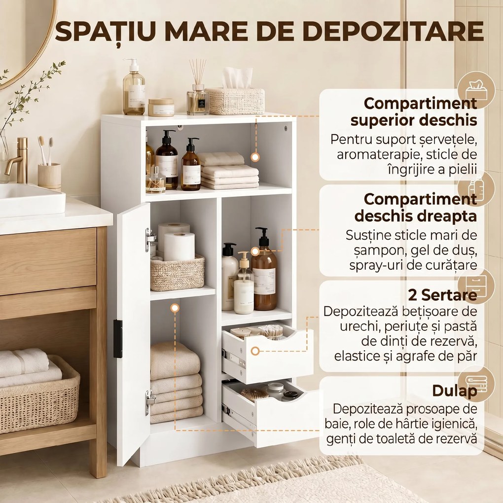 HOMCOM Dulap Baie Îngust cu 2 Sertare și Rafturi Reglabile pentru Bucătărie, Living, Hol, Alb | Aosom Romania