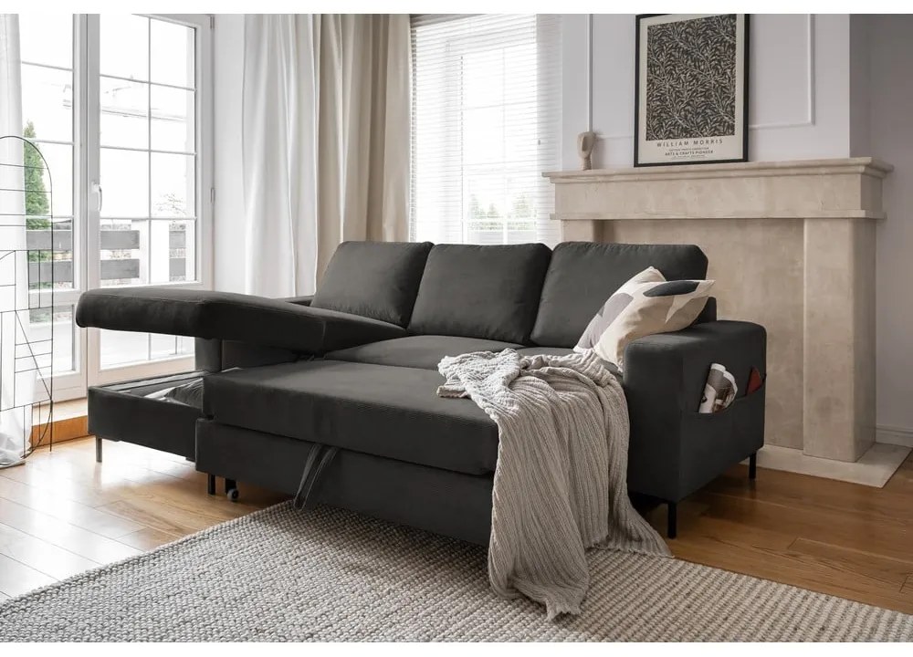 Colțar gri închis extensibil cu tapițerie din catifea reiată (cu colț pe partea stângă ) Lofty Lilly – Miuform