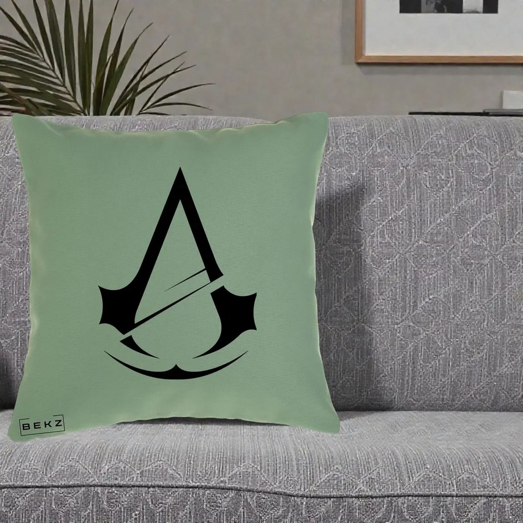 Perna Personalizata Assassin's Creed Minimalist, 40x40 cm, Verde, Husa Detasabila, Perna Inclusa, BEKZ®
