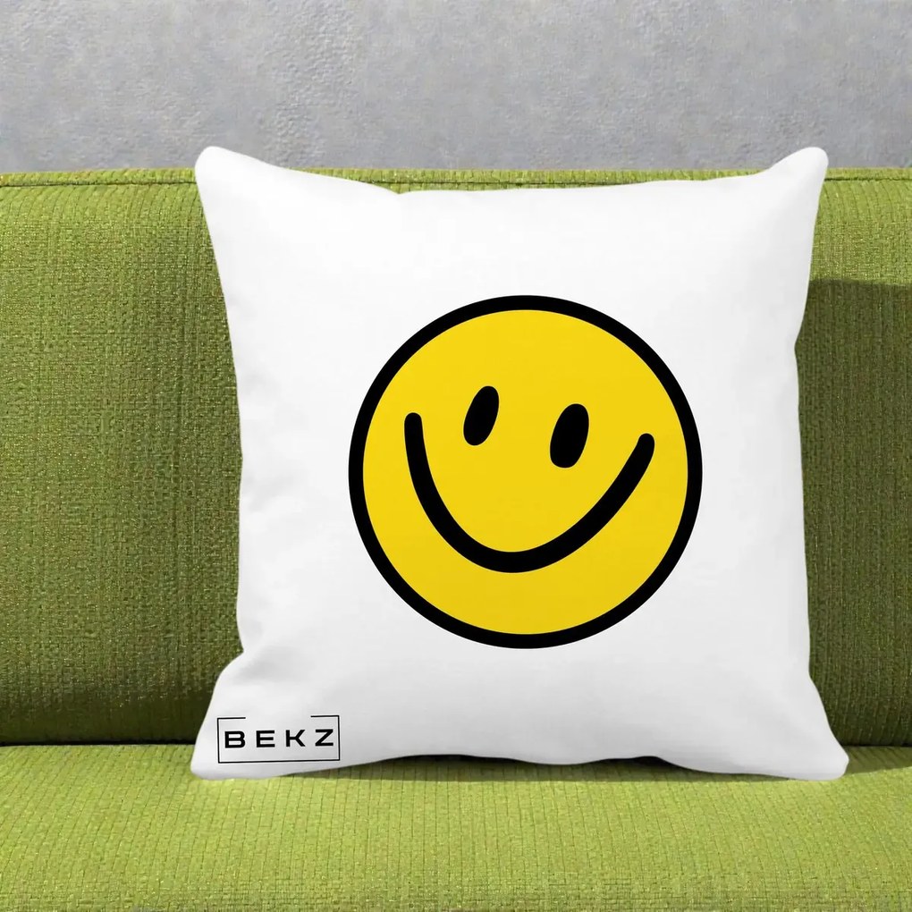 Perna Decorativa Smiley Face Galben Clasic, 40x40 cm, Alba Mata, Husa Detasabila, Perna Inclusa, BEKZ®
