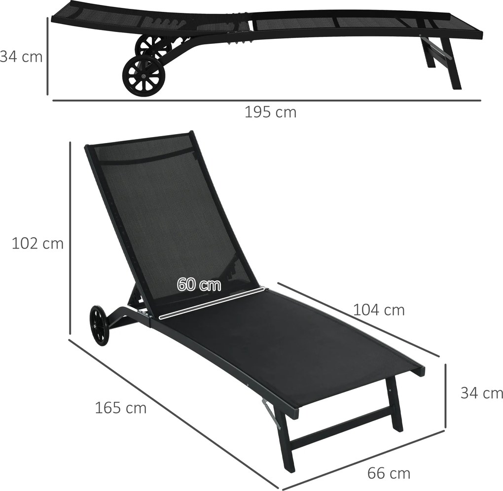 Outsunny Set de 2 șezlonguri din aluminiu și textilenă cu roți, spătar înclinabil, greutate max. 150 kg, negru | Aosom Romania