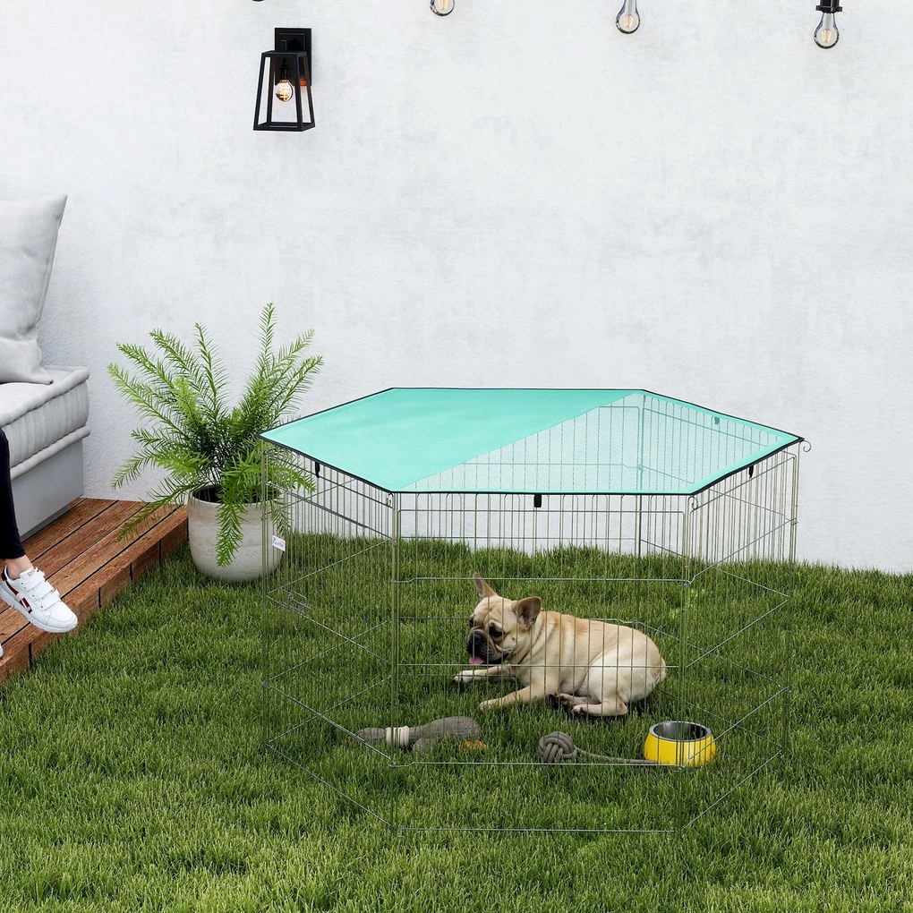 PawHut Parc pentru câini, închisoare pentru câini 6 panouri cu acoperiș, modular și pliabil, cușcă portabilă 76H cm cu ușă argintiu verde | Aosom Romania