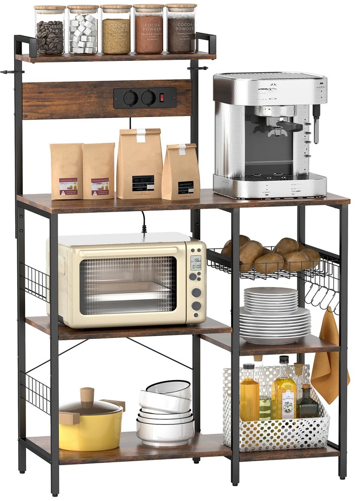 HOMCOM Raft pentru bucătărie, raft independent cu 2 prize, 5 cârlige S, 5 polițe, coș, bare în X, oțel 90 x 42 x 130 cm | Aosom Romania